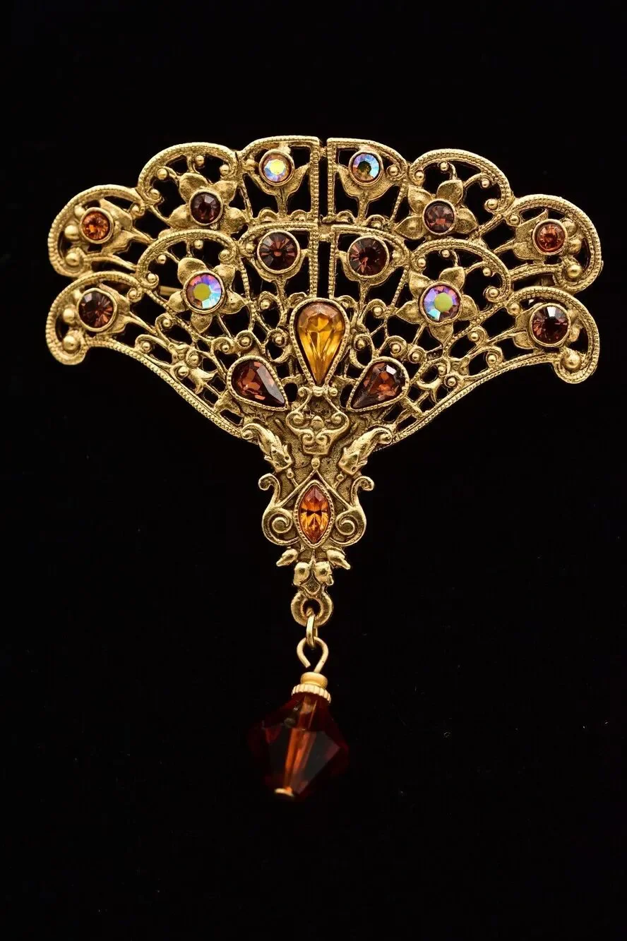 1928 Vintage Brooch Pin Fan Amber Dangle Rhinestone Crystal Gold Tone 80s BinBG